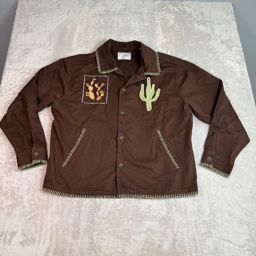 PacSun Mens L Brown Cotton Cactus Embroidered Whipstitch Workwear Jacket Western